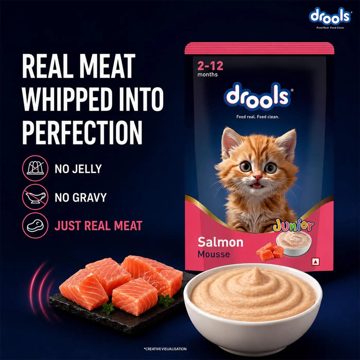 Drools Kitten Wet Mousse 80g Pack of 5, Total 400g | Salmon Flavour | Rich in Protein | Promotes Hydration & Easy to Digest | Packed with Essential Vitamins & Antioxidants Drools