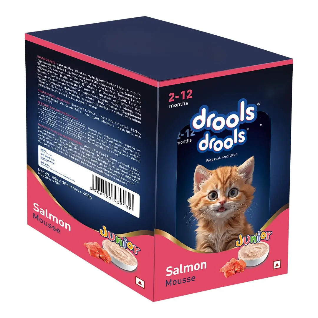Drools Kitten Wet Mousse 80g Pack of 5, Total 400g | Salmon Flavour | Rich in Protein | Promotes Hydration & Easy to Digest | Packed with Essential Vitamins & Antioxidants Drools
