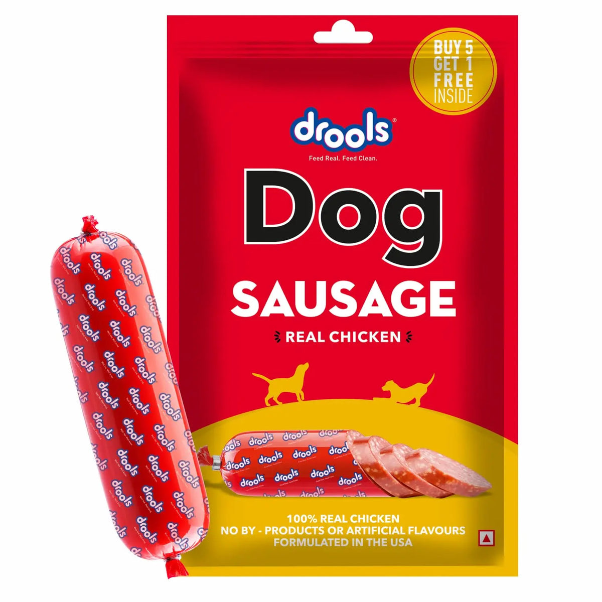 Drools Puppy & Adult Dog Sausage 360g (5+1 Free) | Chicken Flavour | Supports Brain & Vision Development | Promotes Muscle Growth | Aids Digestion & Overall Wellness Drools