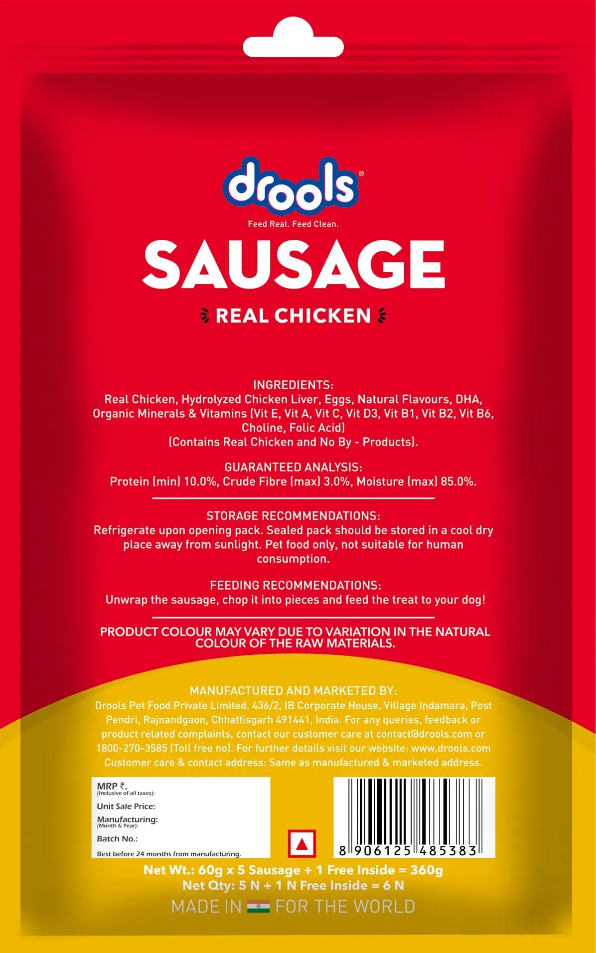 Drools Puppy & Adult Dog Sausage 360g (5+1 Free) | Chicken Flavour | Supports Brain & Vision Development | Promotes Muscle Growth | Aids Digestion & Overall Wellness Drools