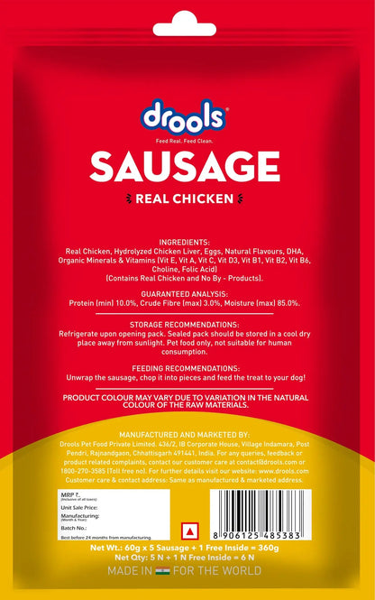 Drools Puppy & Adult Dog Sausage 360g (5+1 Free) | Chicken Flavour | Supports Brain & Vision Development | Promotes Muscle Growth | Aids Digestion & Overall Wellness Drools