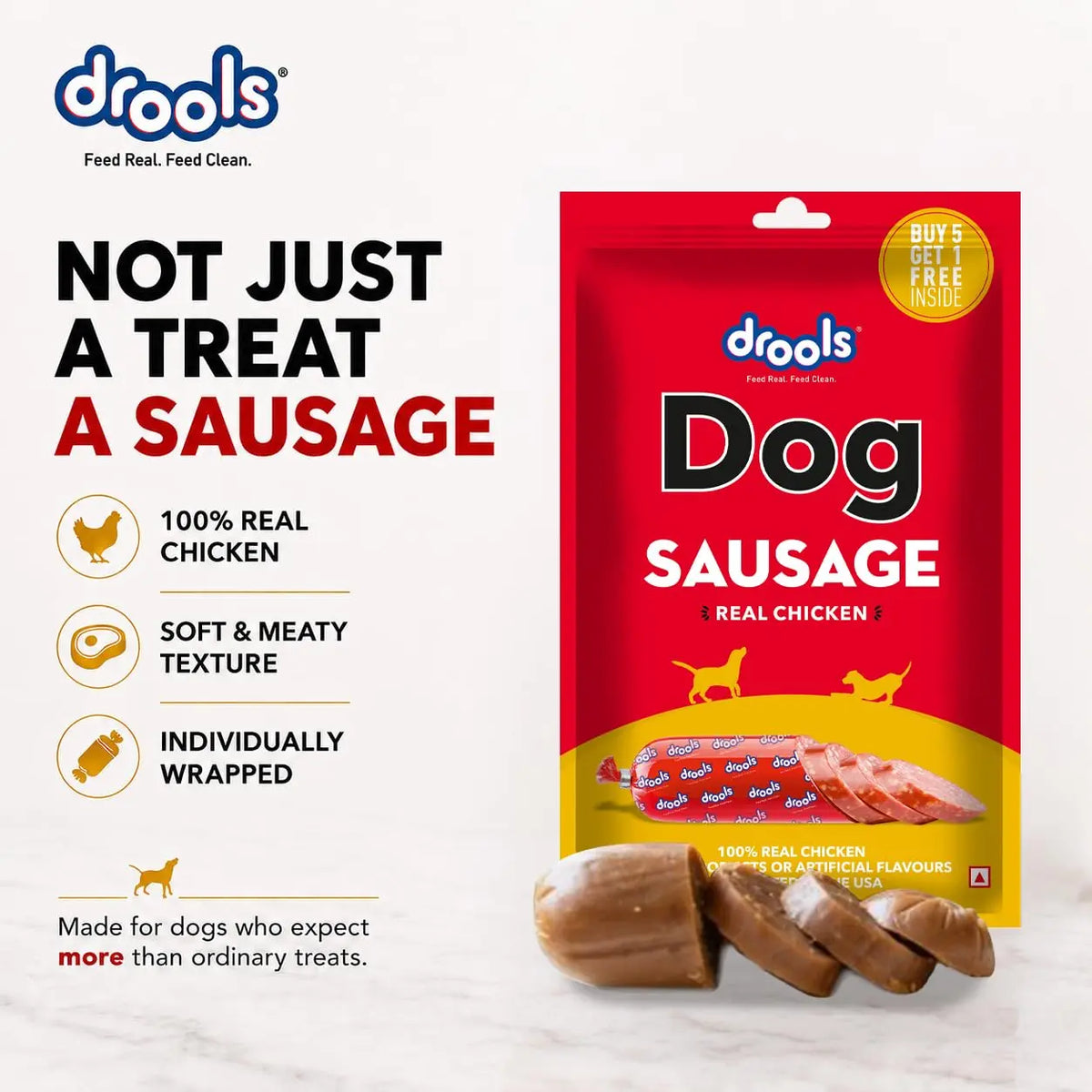 Drools Puppy & Adult Dog Sausage 360g (5+1 Free) | Chicken Flavour | Supports Brain & Vision Development | Promotes Muscle Growth | Aids Digestion & Overall Wellness Drools