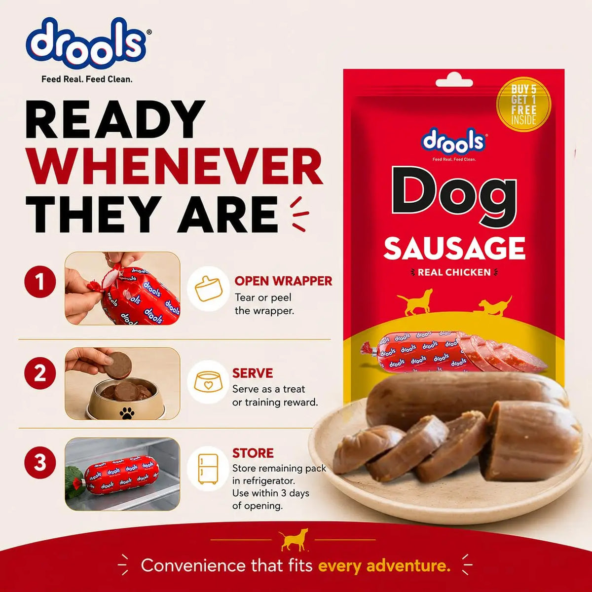 Drools Puppy & Adult Dog Sausage 360g (5+1 Free) | Chicken Flavour | Supports Brain & Vision Development | Promotes Muscle Growth | Aids Digestion & Overall Wellness Drools