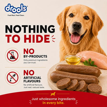 Drools Puppy & Adult Dog Sausage 360g (5+1 Free) | Chicken Flavour | Supports Brain & Vision Development | Promotes Muscle Growth | Aids Digestion & Overall Wellness Drools