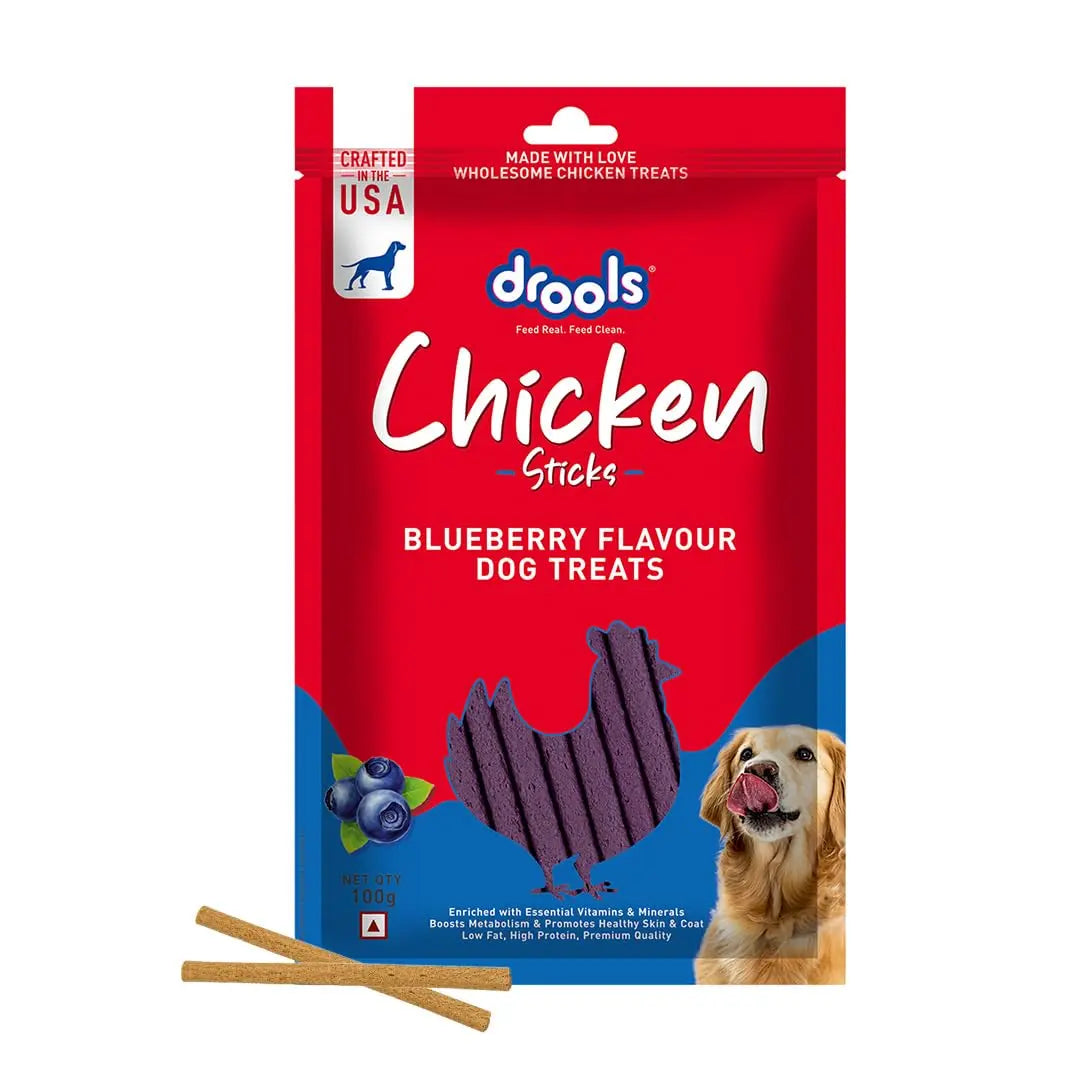 Drools Puppy & Adult Dog Treats Sticks 100g | Blueberry Flavour | Rich in Protein | No Artificial Preservatives | Best for Training & Bonding | Formulated in USA | Premium Treats Drools