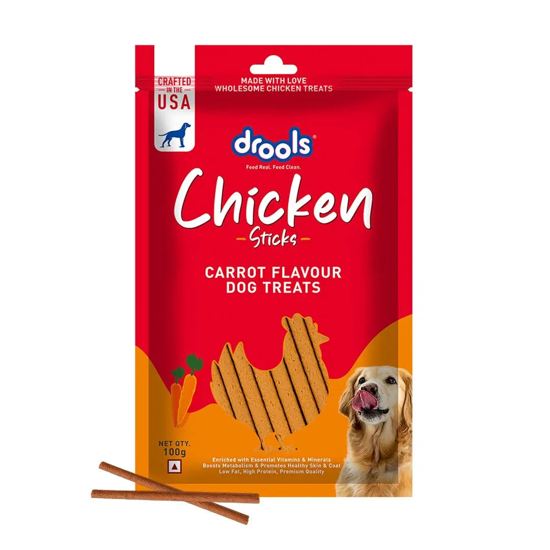 Drools Puppy & Adult Dog Treats Sticks 100g | Chicken Carrot Flavour | Rich in Protein | No Artificial Preservatives | Best for Training & Bonding | Formulated in USA | Premium Treats Drools