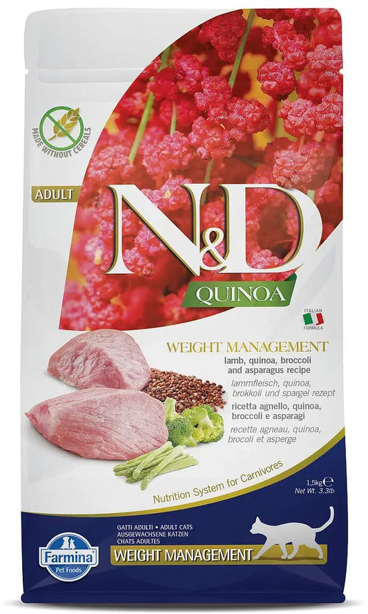 FARMINA N&D Quinoa Weight Management Dry Cat Food, Adult, Grain-Free, 1.5-kg, Lamb Broccoli and Asparagus FARMINA PET FOODS