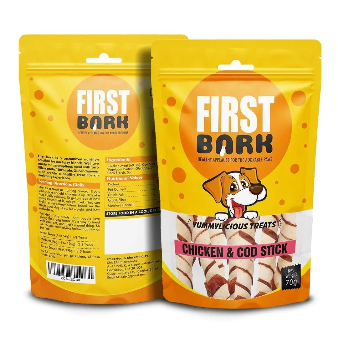 FIRST BARK Yummylicious Treats Chicken & COD Stick, Medium, 70 g (Pack of 3) First Bark