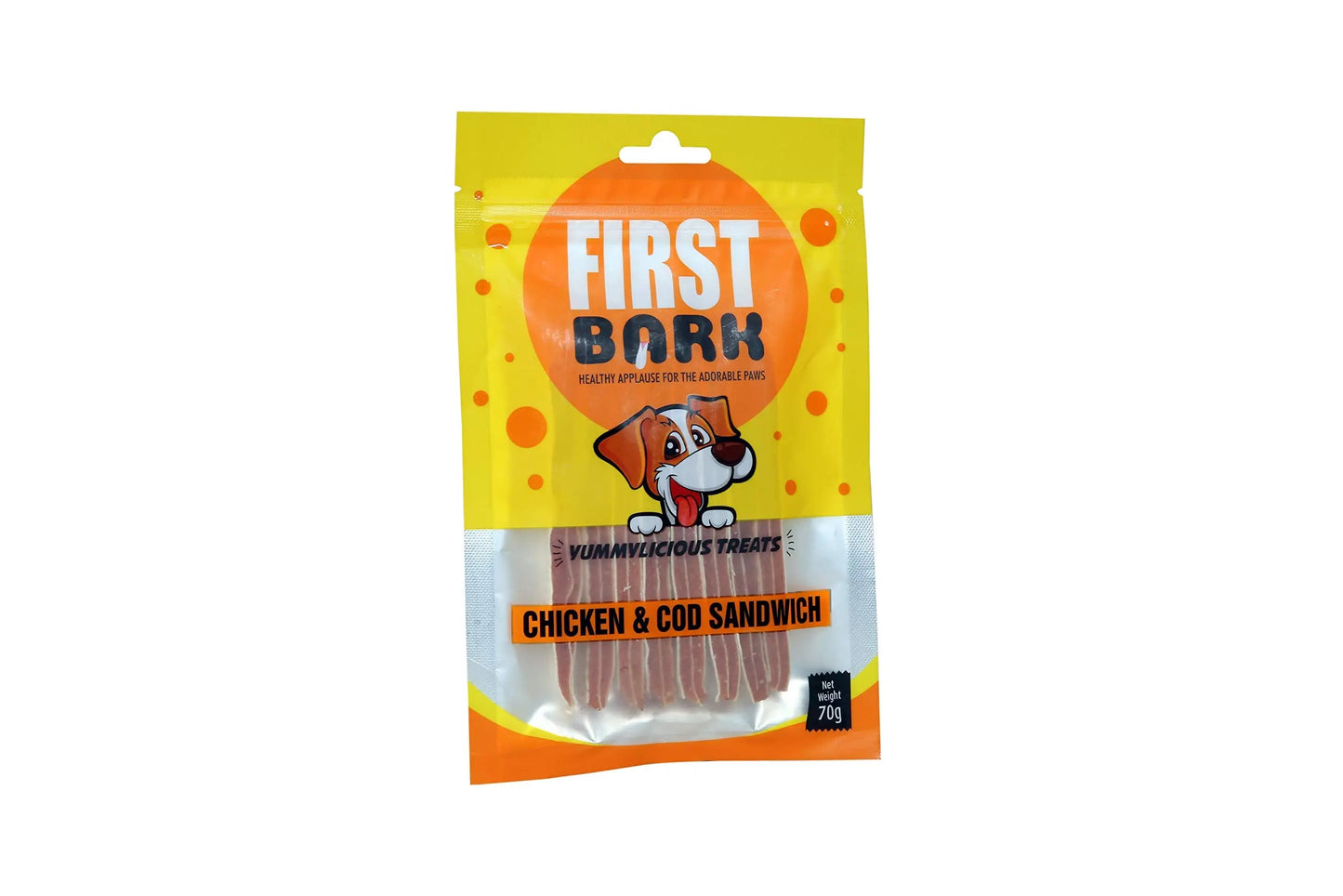 First Bark Chicken Jerky Dog Treats, Made Chicken, High Protein, Digestible Healthy Snack & Training Treat, Free from by-Products & Gluten, Chicken & Cod Sandwich, 3 Pack (3X70G) for All Life Stages First Bark