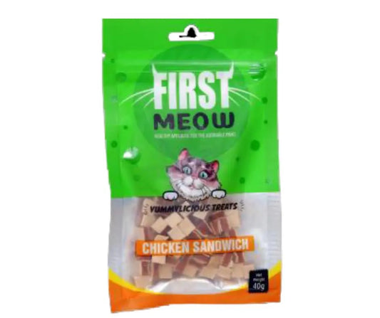 First Meow Cat Jerky Chicken Sandwich All Natural 100% Digestible & Promotes Healthy Teeth Strong Bones and Joints (Pack of 1) Amanpetshop-