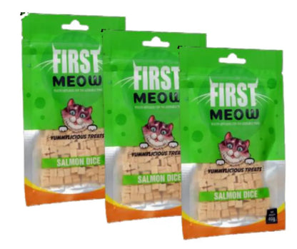 First Meow Cat Jerky Salmon Dice All Natural 100% Digestible & Promotes Healthy Teeth Strong Bones and Joints (Pack of 3) Sold by Fps Amanpetshop-