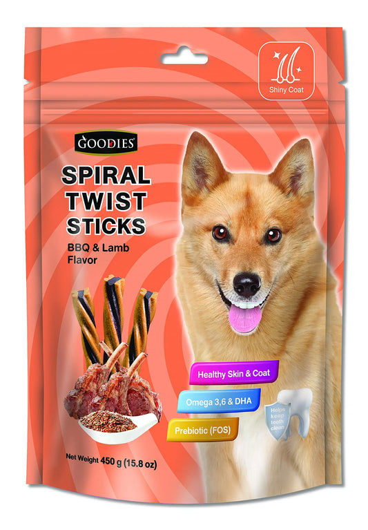 Goodies Dog Energy Treats Spiral Twist Stick Chicken BBQ & Lamb Flavor 98% Healthy Snack & Training Treat, Best for Dog (1 x 450g) with Free Jerhigh Milky Stick 20g (Newly Launched) Sold by DogsNCats GOODIES