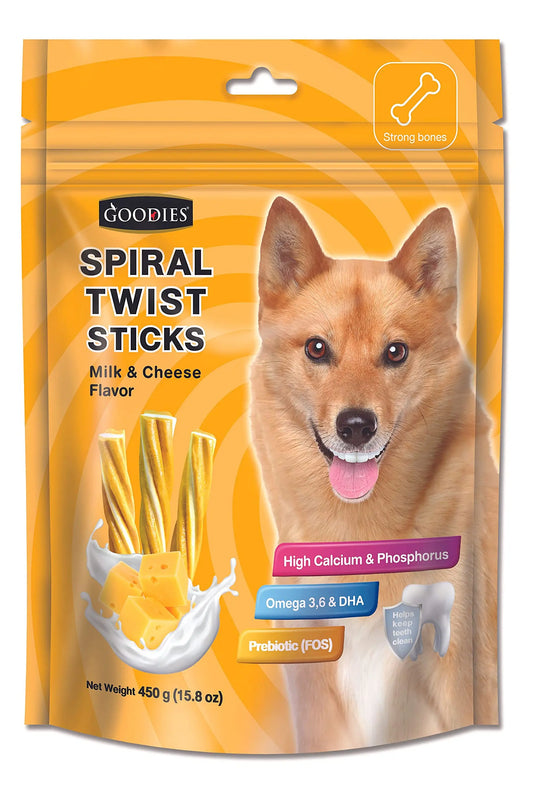 Goodies Dog Energy Treats Spiral Twist Stick Chicken Milk & Cheese Flavor Best for Dog (1 x 450g) with Free Jerhigh Milky Stick 20g GOODIES