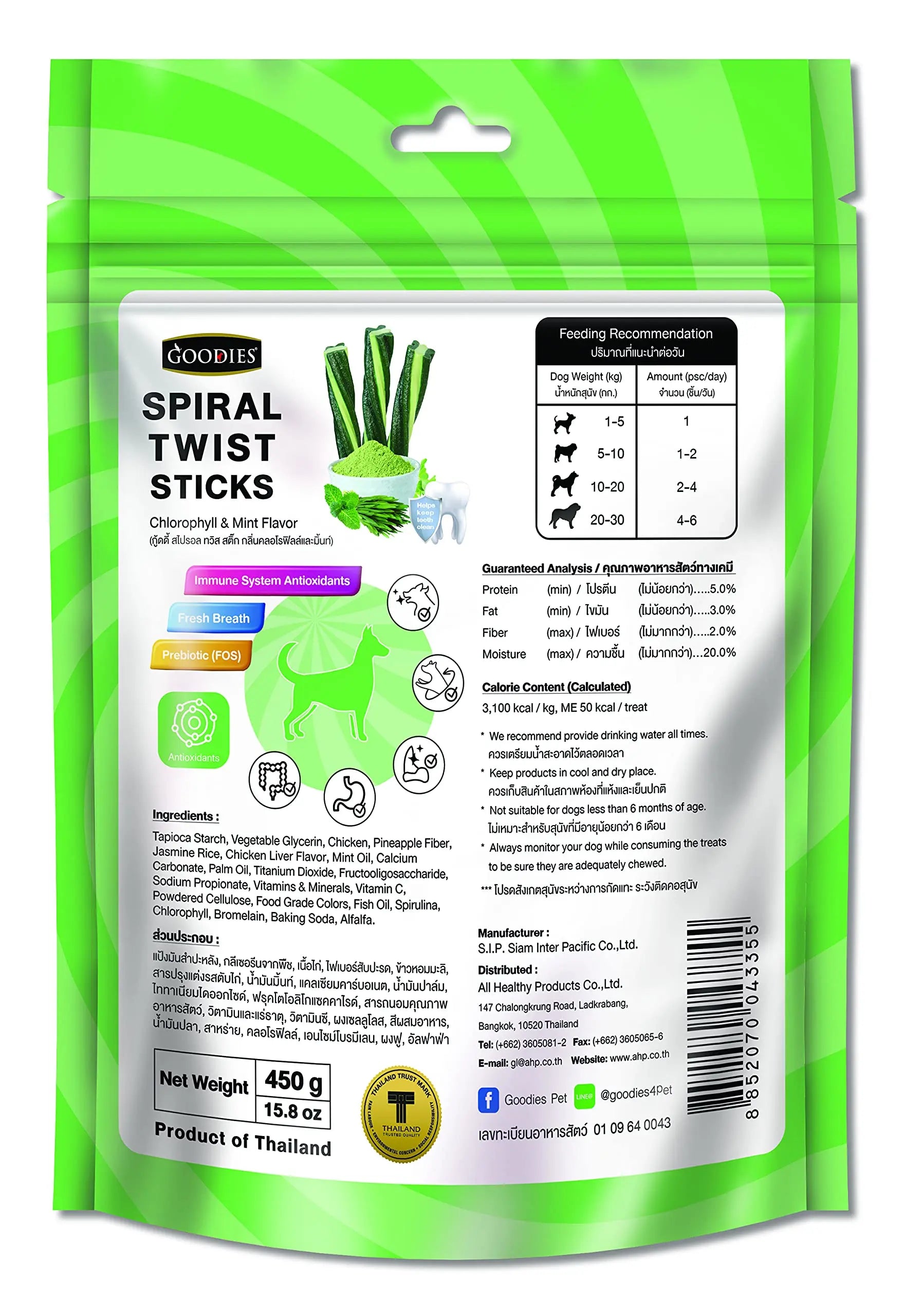 Goodies Dog Energy Treats Spiral Twist Stick Chlorophyll & Mint Flavor Flavor 98% Healthy Snack & Training Treat, Best for Dog (1 x 450g) with Free Jerhigh Milky Stick 20g (Newly Launched) Goodies