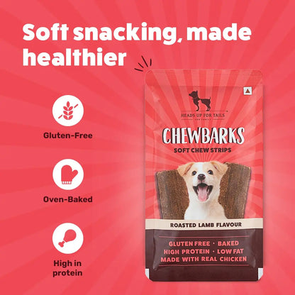 HUFT Chewbarks Roasted Lamb Soft Chew Strips Treat for Dogs | Soft & Tasty Dog Snacks for Puppies, Small Dogs & Adult Dogs | Perfect Treats for Training & Rewards - 30 gm | Packs of 3 Heads Up For Tails