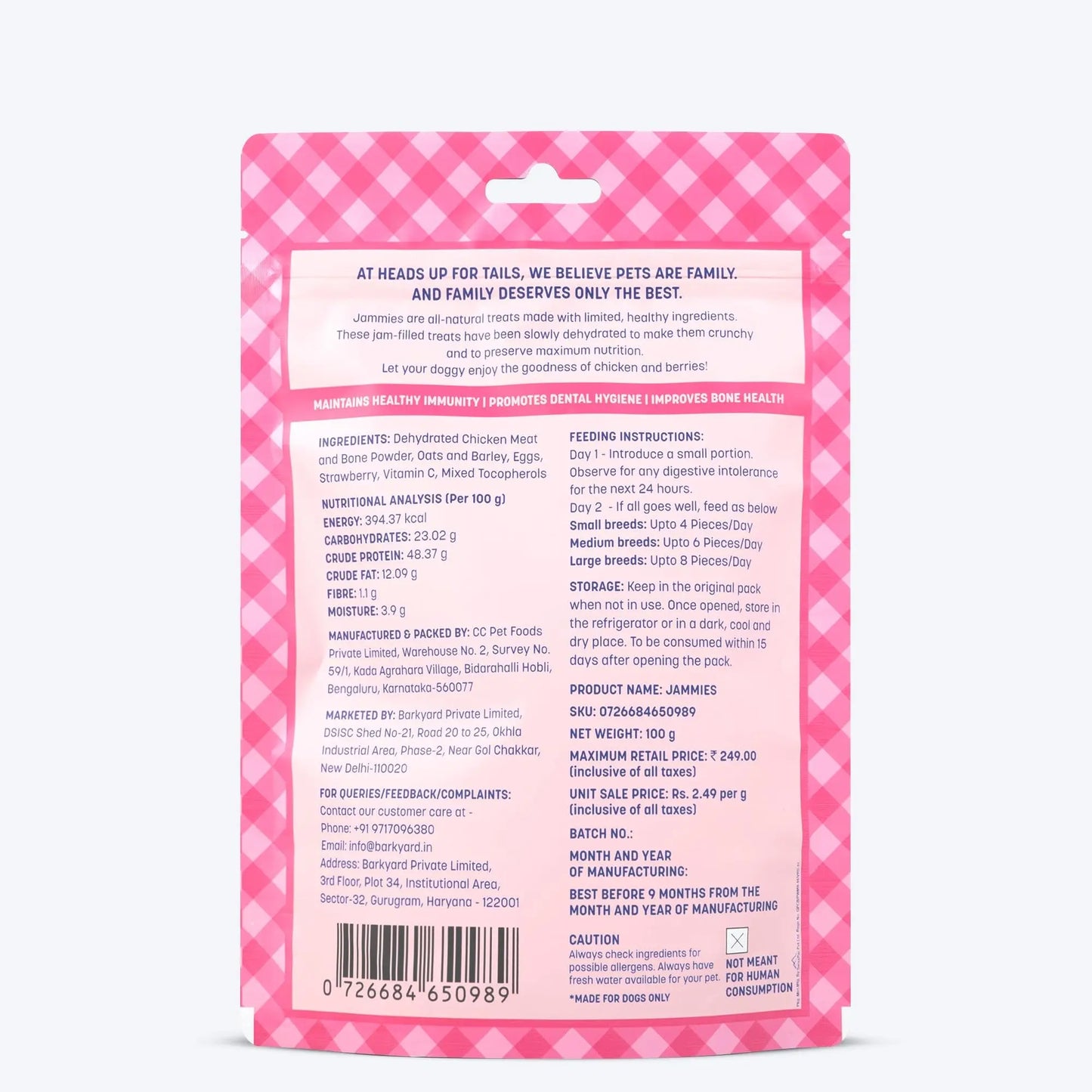HUFT Jammies - Chicken Filled with Strawberry Jam Dog Treats - 100g | Dog Treats for Puppy & Adult | Training Treats for Small Dogs | Tasty & Healthy Pet Snacks Heads Up For Tails