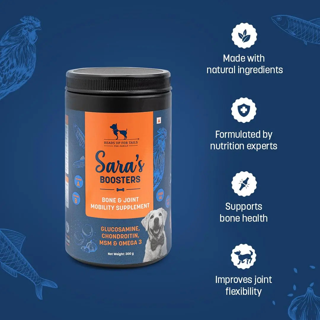 HUFT Sara's Boosters Bone & Joint Mobility Dog Supplement - 300gm | Bone Strength & Gut Health | Promotes Flexibility | Multi-Nutrients | Healthy & Everyday Supplement | All Life Stages | All Breeds Heads Up For Tails