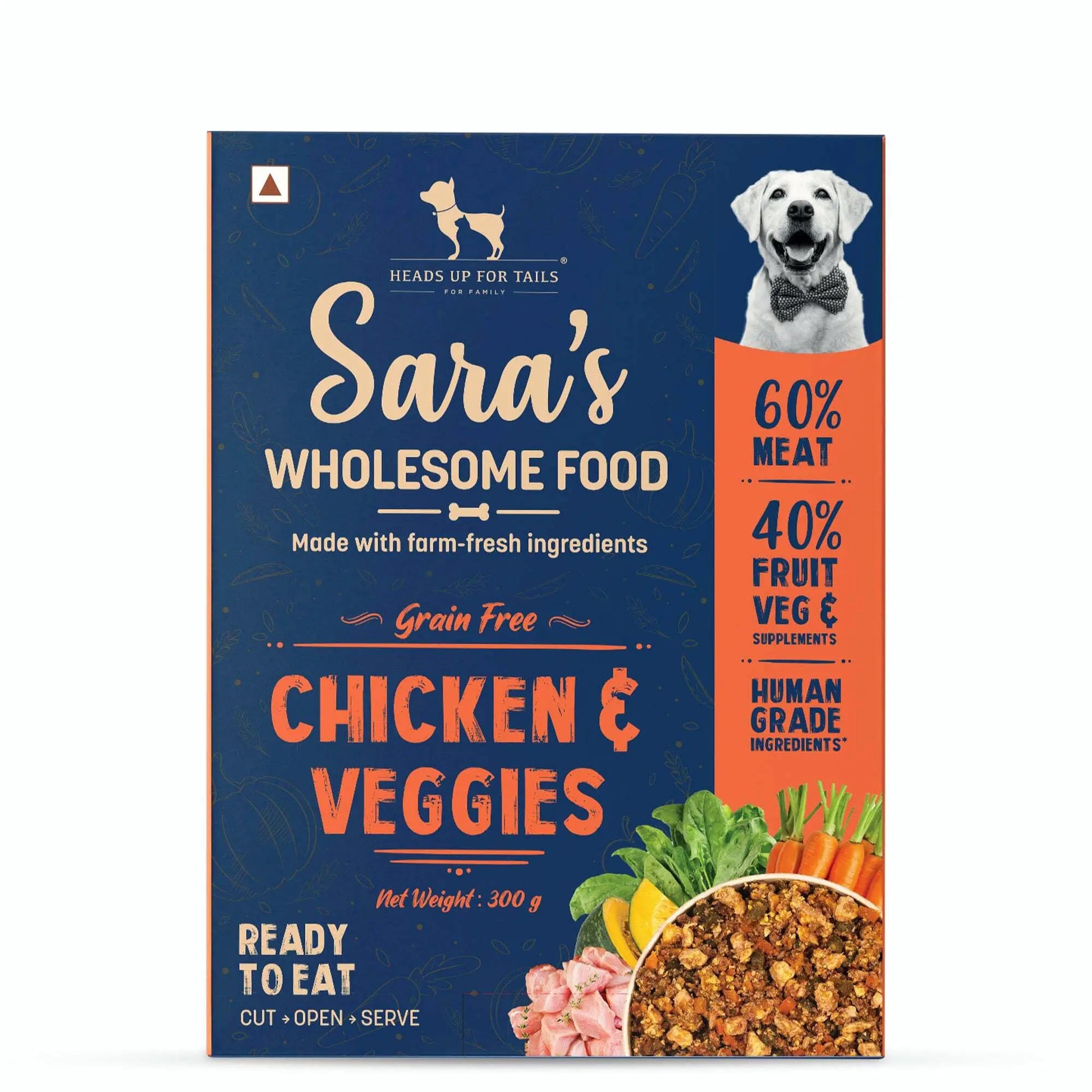 HUFT Sara's Wholesome Grain Free Chicken & Veggies Dog Food | Human Grade Ingredients | Gluten Free | Balanced Meal | Suitable for Adults & Puppies - 300 gm Heads Up For Tails