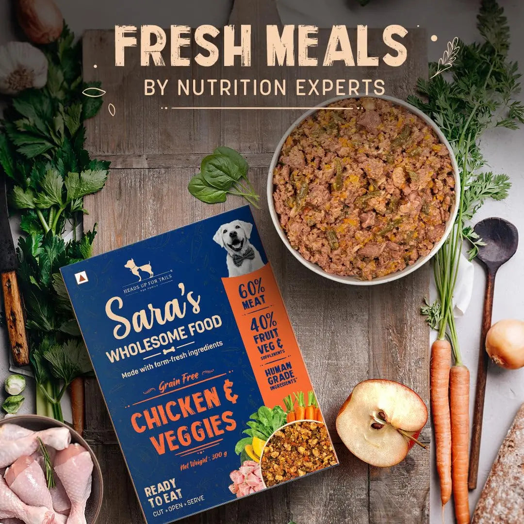 HUFT Sara's Wholesome Grain Free Chicken & Veggies Dog Food | Human Grade Ingredients | Gluten Free | Balanced Meal | Suitable for Adults & Puppies - 300 gm Heads Up For Tails