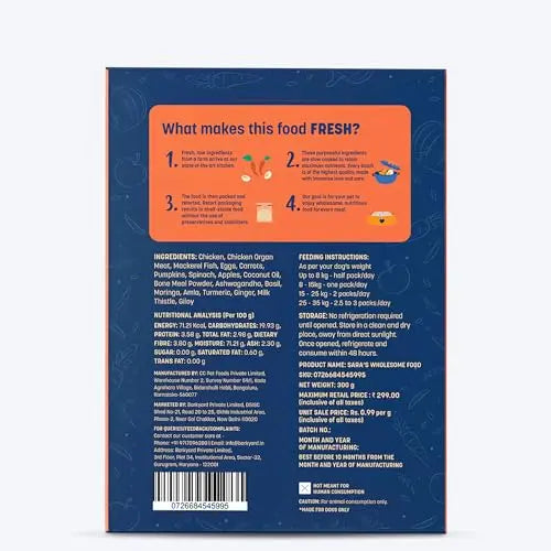 HUFT Sara's Wholesome Grain Free Chicken & Veggies Dog Food | Human Grade Ingredients | Gluten Free | Balanced Meal | Suitable for Adults & Puppies - 300 gm Heads Up For Tails