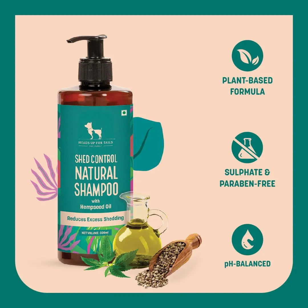 HUFT Shed Control Natural Shampoo for Dogs (Over 12 Weeks) - Hempseed Oil - 500ml | Pet Shampoo for Shedding Control | Best for Labrador, Pomeranian & German Shepherd | for All Breeds Heads Up For Tails