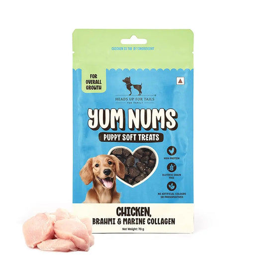 HUFT Yum Nums Chicken, Brahmi & Marine Collagen Puppy Soft Treats | Healthy Dog Treats for Puppies | Soft Chewy Snacks | Puppy Training Treats | High Protein, Joint Support - 70gm | Pack of 3 Heads Up For Tails