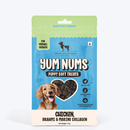 HUFT Yum Nums Chicken, Brahmi & Marine Collagen Puppy Soft Treats | Healthy Dog Treats for Puppies | Soft Chewy Snacks | Puppy Training Treats | High Protein, Joint Support - 70gm | Pack of 3 Heads Up For Tails