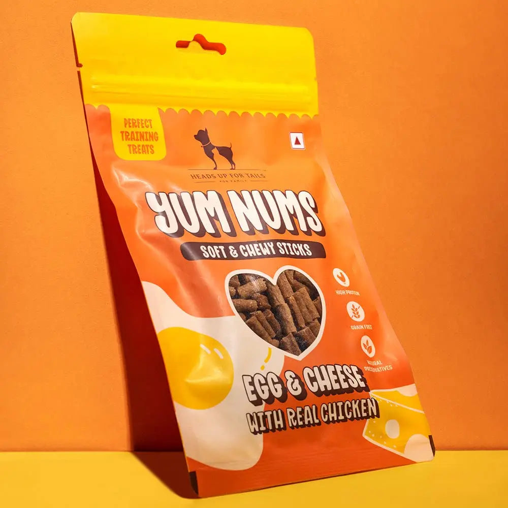 HUFT Yum Nums Soft & Chewy Sticks - Egg & Cheese with Chicken | Healthy Dog Treats | High-Protein, Gluten & Grain-Free | No Artificial Colors, Salt & Sugar-Free - 75gm Heads Up For Tails