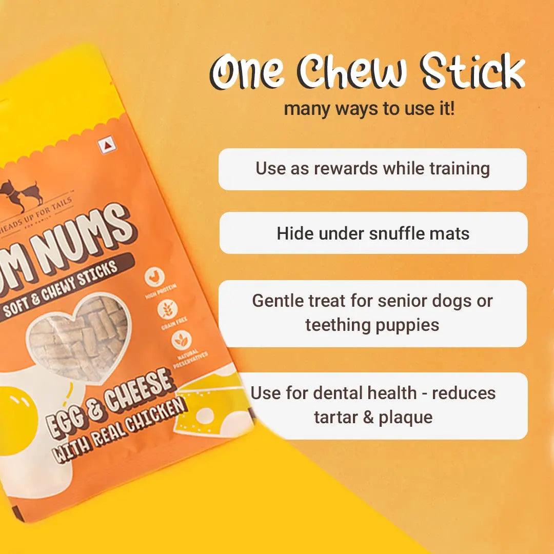 HUFT Yum Nums Soft & Chewy Sticks - Egg & Cheese with Chicken | Healthy Dog Treats | High-Protein, Gluten & Grain-Free | No Artificial Colors, Salt & Sugar-Free - 75gm Heads Up For Tails