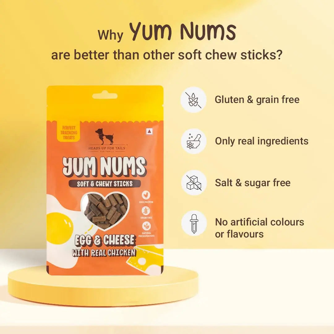 HUFT Yum Nums Soft & Chewy Sticks - Egg & Cheese with Chicken | Healthy Dog Treats | High-Protein, Gluten & Grain-Free | No Artificial Colors, Salt & Sugar-Free - 75gm Heads Up For Tails