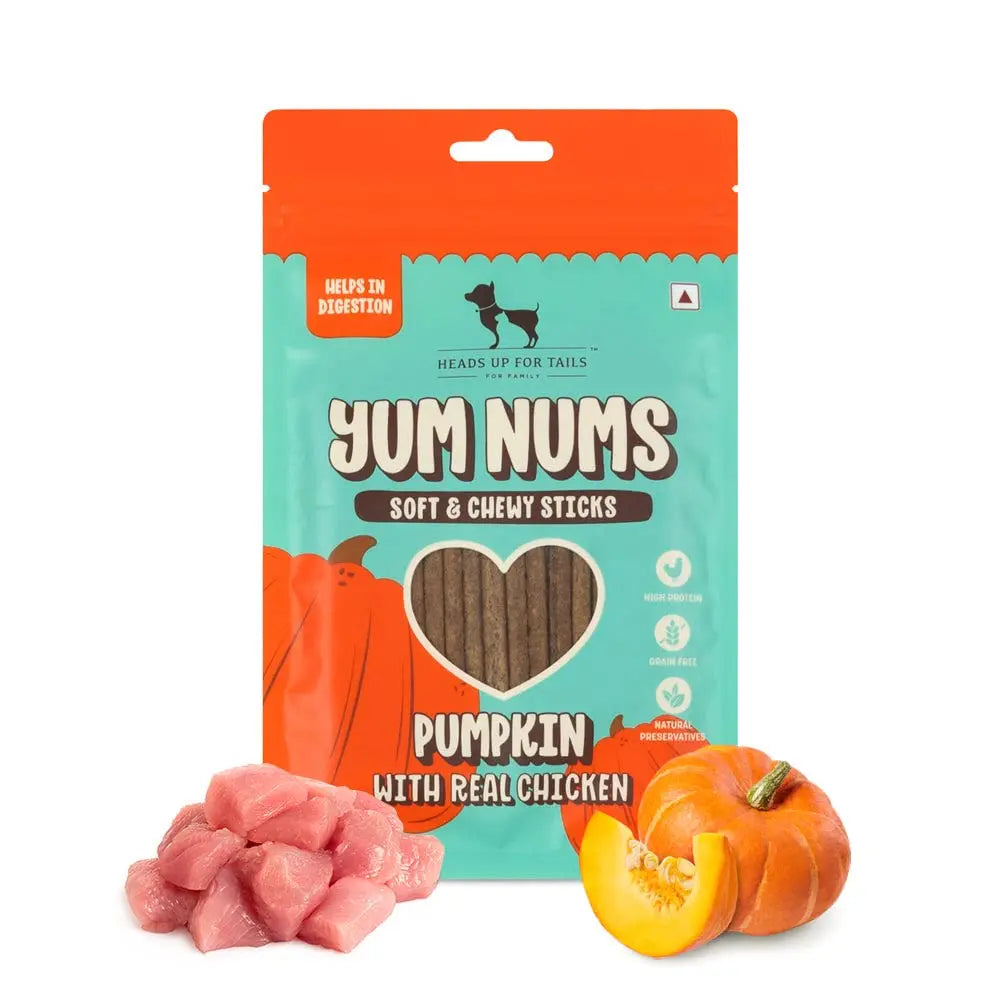 HUFT Yum Nums Soft & Chewy Sticks - Pumpkin with Chicken | Dog & Puppy Treats | Training Snacks for Small & Adult Dogs | High-Protein, Healthy Dog Treats - 75gm Heads Up For Tails