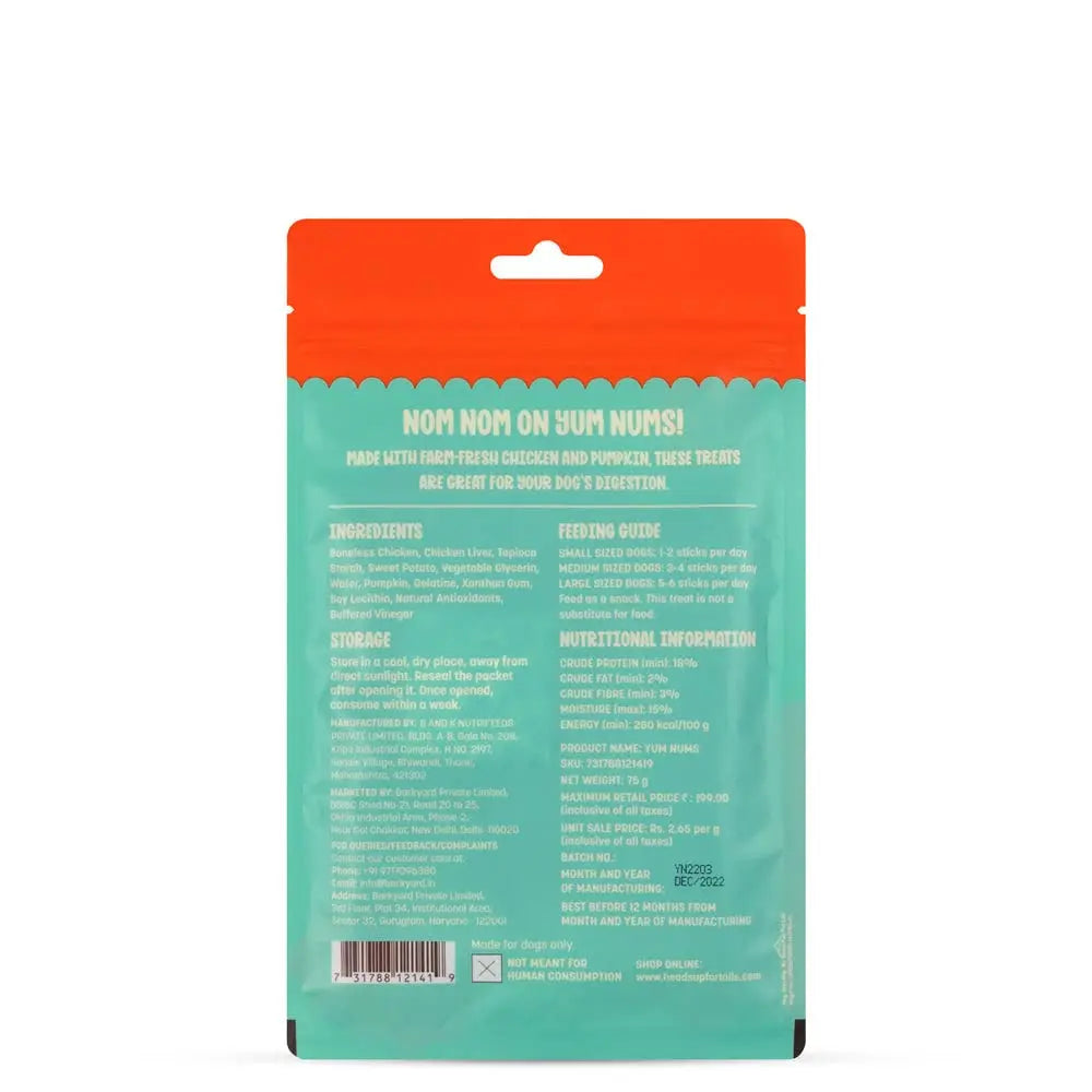 HUFT Yum Nums Soft & Chewy Sticks - Pumpkin with Chicken | Dog & Puppy Treats | Training Snacks for Small & Adult Dogs | High-Protein, Healthy Dog Treats - 75gm Heads Up For Tails