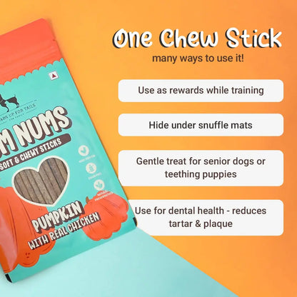 HUFT Yum Nums Soft & Chewy Sticks - Pumpkin with Chicken | Dog & Puppy Treats | Training Snacks for Small & Adult Dogs | High-Protein, Healthy Dog Treats - 75gm Heads Up For Tails