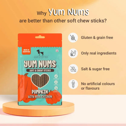HUFT Yum Nums Soft & Chewy Sticks - Pumpkin with Chicken | Dog & Puppy Treats | Training Snacks for Small & Adult Dogs | High-Protein, Healthy Dog Treats - 75gm Heads Up For Tails