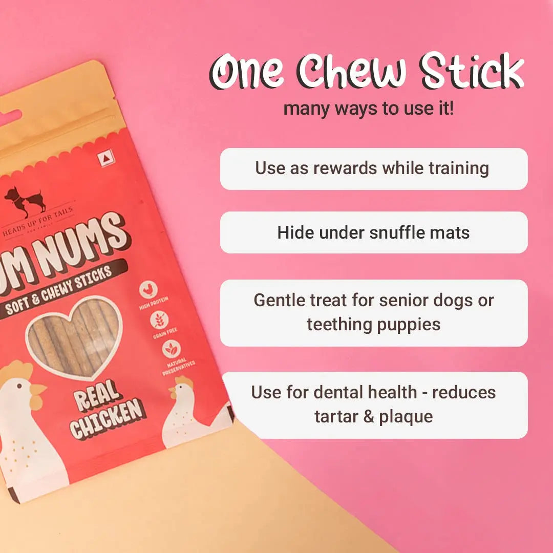 HUFT Yum Nums Soft & Chewy Sticks - Real Chicken | Dog Training Treats | Healthy Dog Snacks | Dog Treats for Puppies & Adults | Pet Chews & Tasty Rewards - 75gm Heads Up For Tails