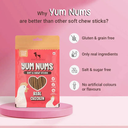 HUFT Yum Nums Soft & Chewy Sticks - Real Chicken | Dog Training Treats | Healthy Dog Snacks | Dog Treats for Puppies & Adults | Pet Chews & Tasty Rewards - 75gm Heads Up For Tails