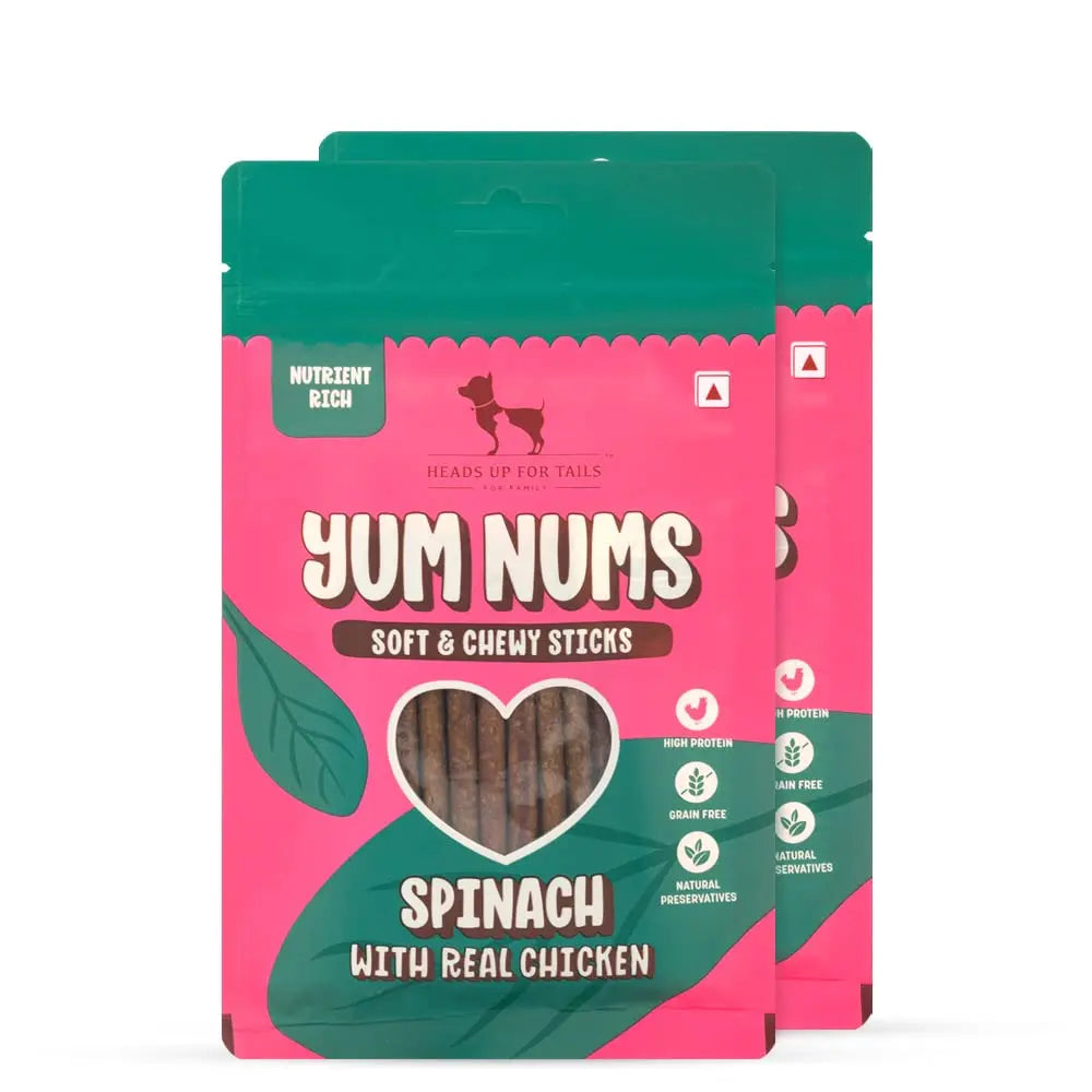 HUFT Yum Nums Soft & Chewy Sticks - Spinach with Real Chicken Dog Treats | Healthy Dog Snacks | Puppy Training Treats | Veg & Non-Veg Treats for Small & Adult Dogs - 75gm | Pack of 2 Heads Up For Tails