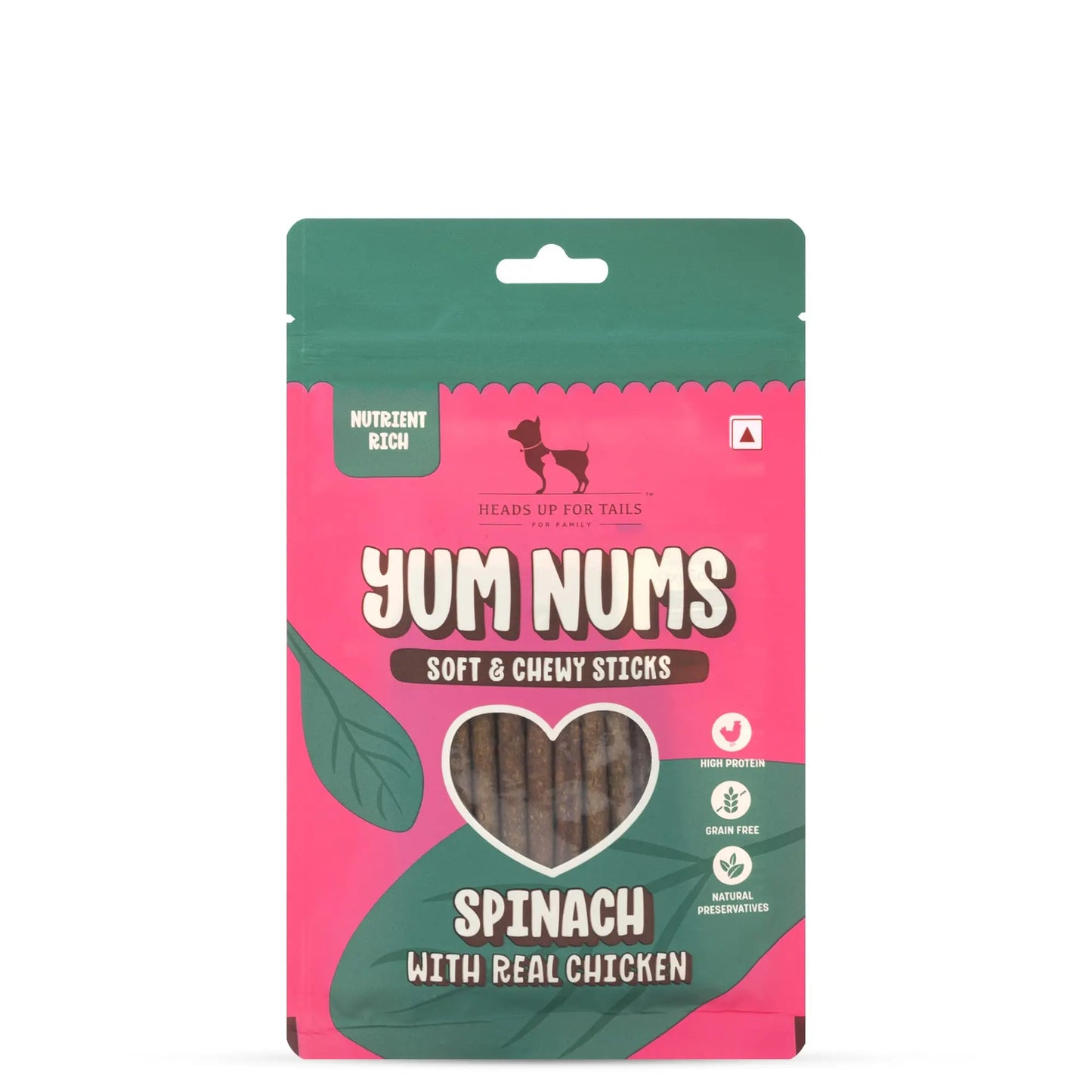HUFT Yum Nums Soft & Chewy Sticks - Spinach with Real Chicken Dog Treats | Healthy Dog Snacks | Puppy Training Treats | Veg & Non-Veg Treats for Small & Adult Dogs - 75gm | Pack of 2 Heads Up For Tails