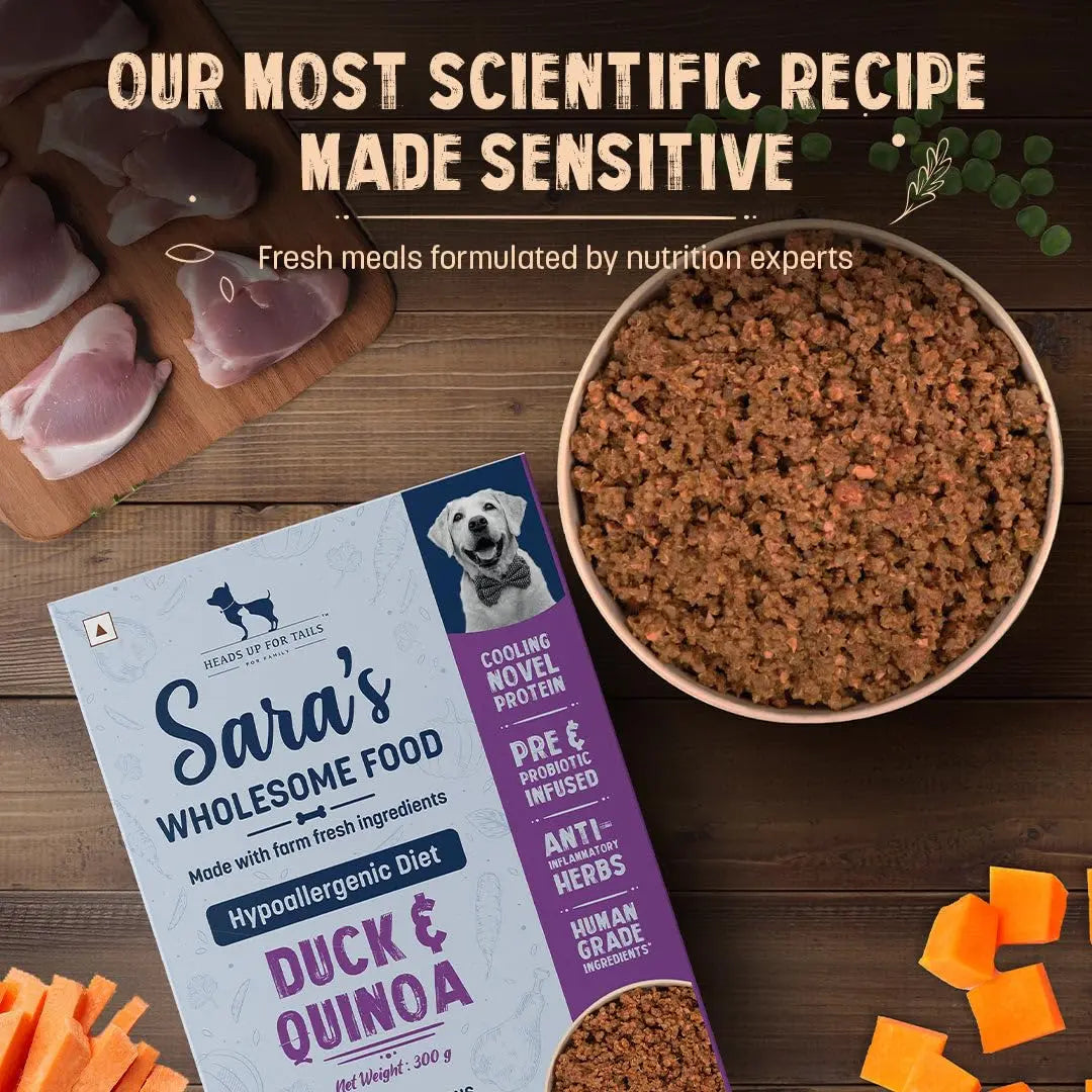 Heads Up For Tails All Life Stages Huft Sara's Wholesome Natural Wet Dog Food With Added Vitamins&Minerals|Gluten Free|Vet Approved Recipies|Hypoallergenic Diet Duck&Quinoa Dog Wet Food-300Gm Heads Up For Tails