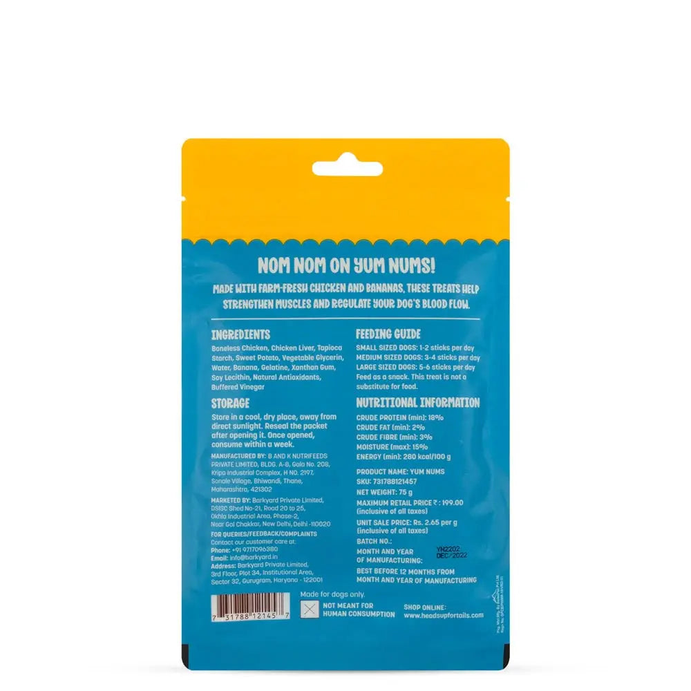 Heads Up For Tails All Life Stages Stick Yum Nums - Banana & Chicken Dog Treats | Puppy Training Treats | Dog Snacks & Treats for Small & Large Dogs | High-Protein, Soft & Chewy - 75gm Heads Up For Tails