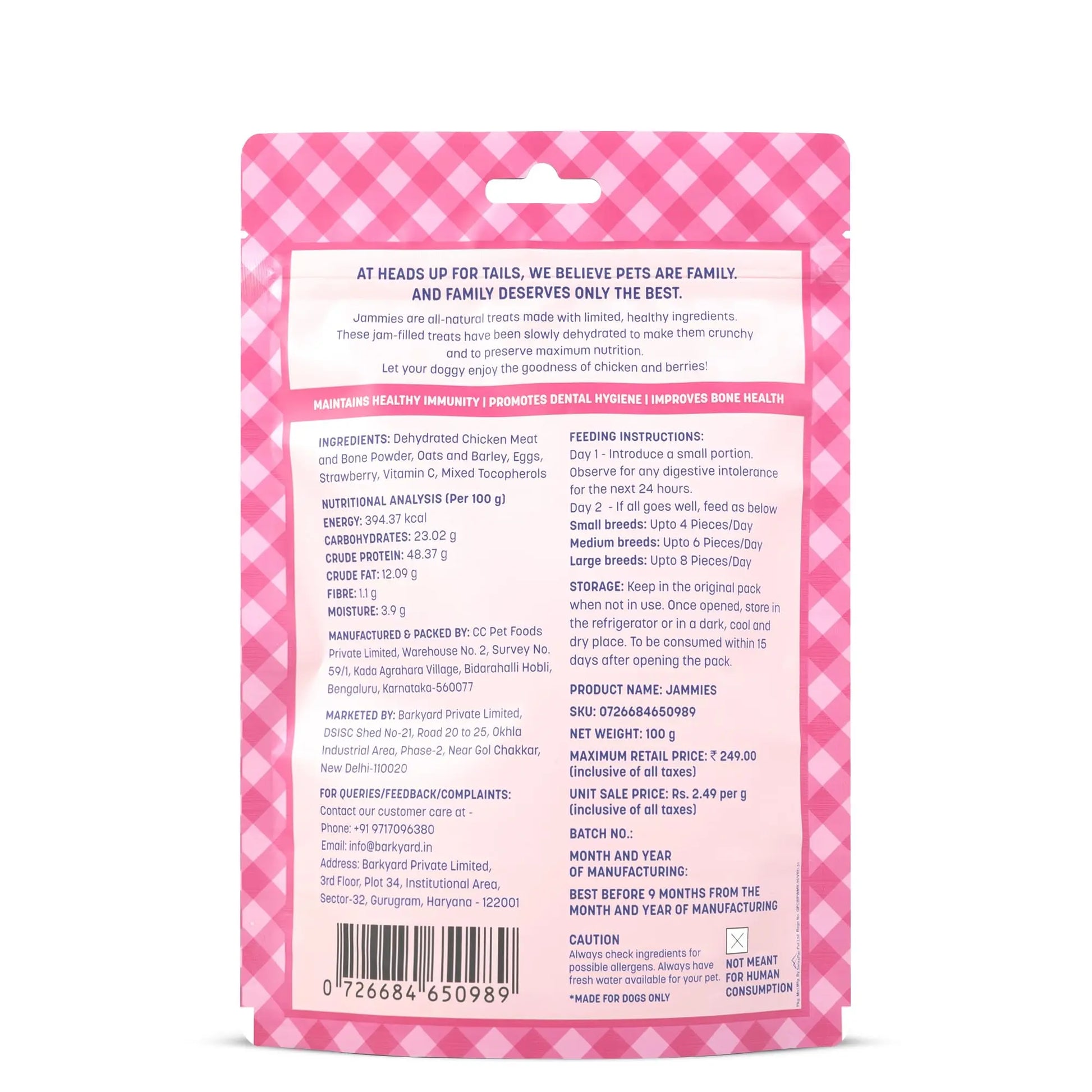 Heads Up For Tails Jammies Dog Treats - Real Chicken - 100G, All Life Stages, Stick Heads Up For Tails