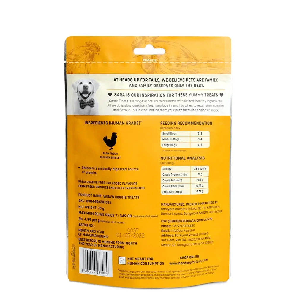 Heads Up For Tails Sara'S Doggie Treats Chicken Jerky,Non Veg Treats For Dogs - 70 G Each (Pack Of 2),Adult,Dry Heads Up For Tails