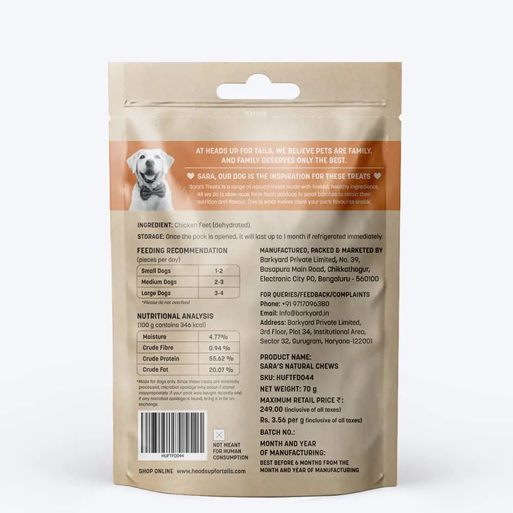 Heads Up For Tails Sara's Natural Chews Dehydrated Chicken Feet Dog Treats-80 Gram, Adult, Dried Heads Up For Tails