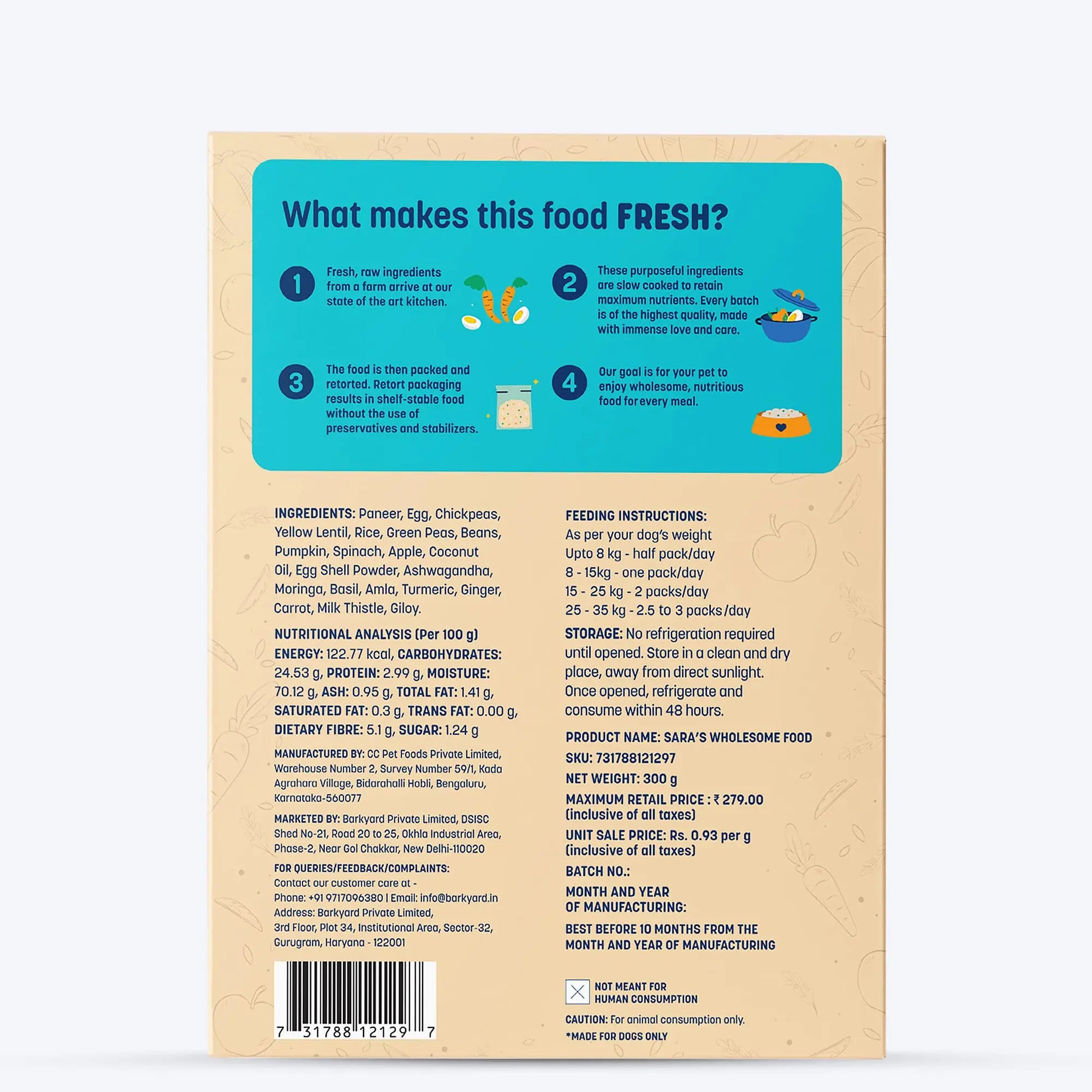 Heads Up For Tails Sara's Wholesome Dog Wet Food (Classic Paneer & Egg - 300Gm) - All Life Stages Heads Up For Tails