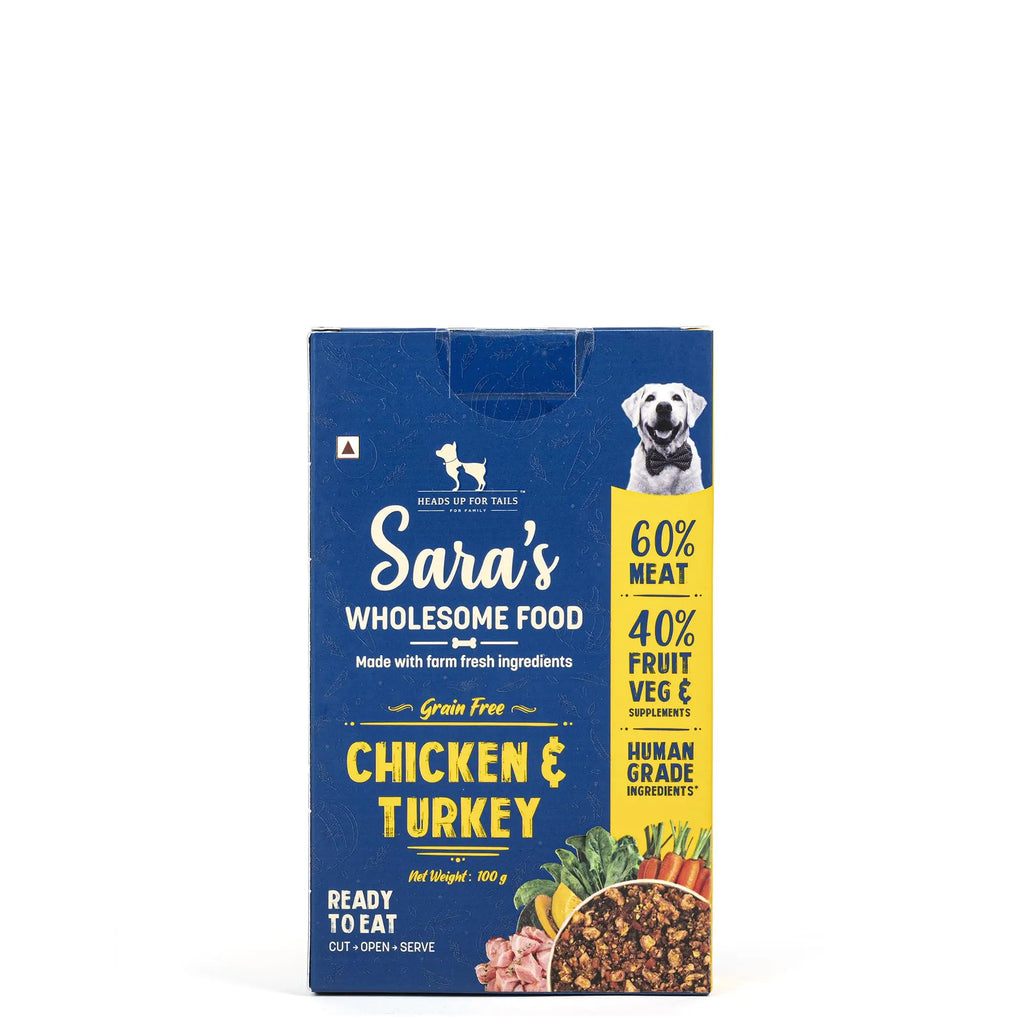 Heads Up For Tails Sara's Wholesome Food - Grain-Free Chicken and Turkey Dog Food | Human Grade Ingredients | Gluten Free | Balanced Meal | Suitable for Adults & Puppies - 100 gm Heads Up For Tails