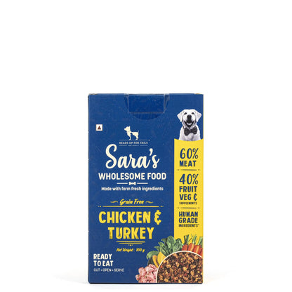 Heads Up For Tails Sara's Wholesome Food - Grain-Free Chicken and Turkey Dog Food | Human Grade Ingredients | Gluten Free | Balanced Meal | Suitable for Adults & Puppies - 100 gm Heads Up For Tails