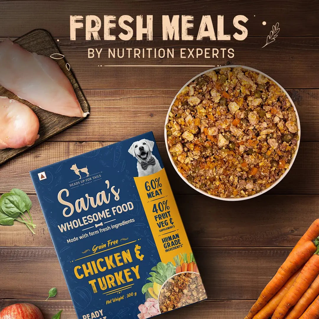 Heads Up For Tails Sara's Wholesome Food - Grain-Free Chicken and Turkey Dog Food | Human Grade Ingredients | Gluten Free | Balanced Meal | Suitable for Adults & Puppies - 100 gm Heads Up For Tails