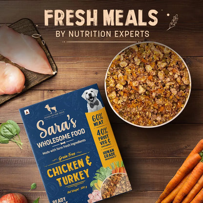 Heads Up For Tails Sara's Wholesome Food - Grain-Free Chicken and Turkey Dog Food | Human Grade Ingredients | Gluten Free | Balanced Meal | Suitable for Adults & Puppies - 100 gm Heads Up For Tails