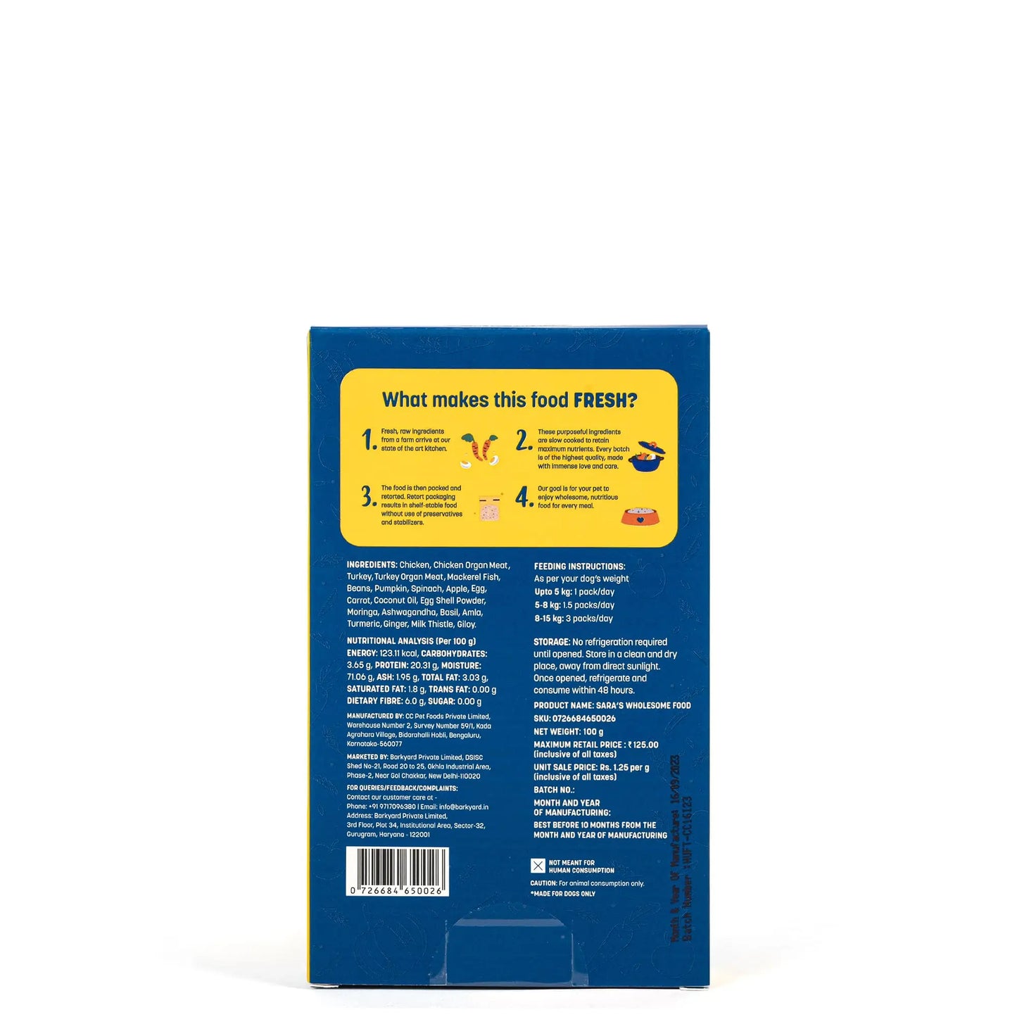 Heads Up For Tails Sara's Wholesome Food - Grain-Free Chicken and Turkey Dog Food | Human Grade Ingredients | Gluten Free | Balanced Meal | Suitable for Adults & Puppies - 100 gm Heads Up For Tails