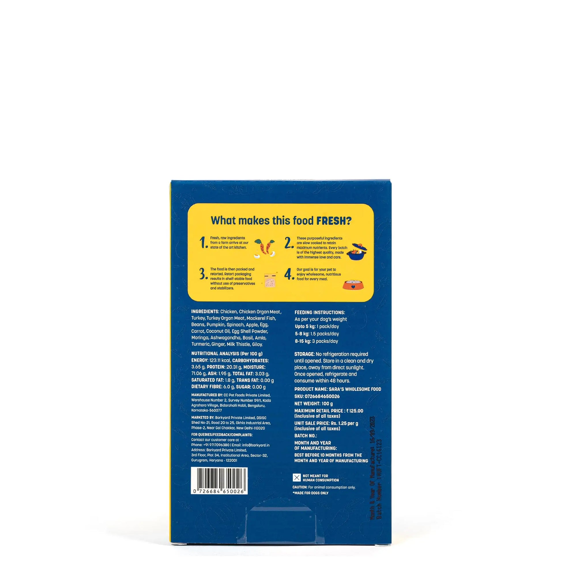 Heads Up For Tails Sara's Wholesome Food - Grain-Free Chicken and Turkey Dog Food | Human Grade Ingredients | Gluten Free | Balanced Meal | Suitable for Adults & Puppies - 100 gm Heads Up For Tails